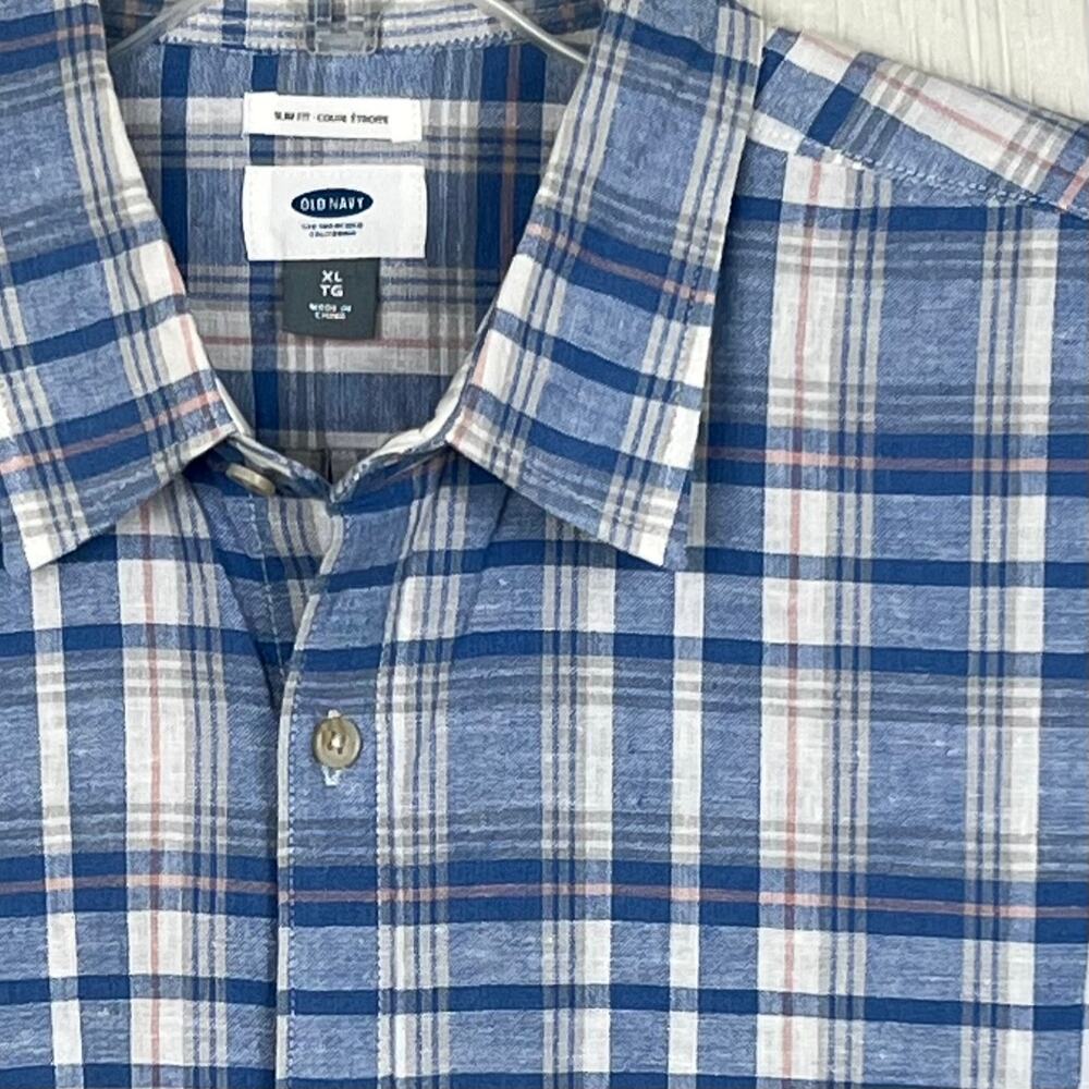 Old Navy Linen shirt men’s XL Slim fit Blue plaid linen/cotton blend long sleeve - Picture 4 of 7